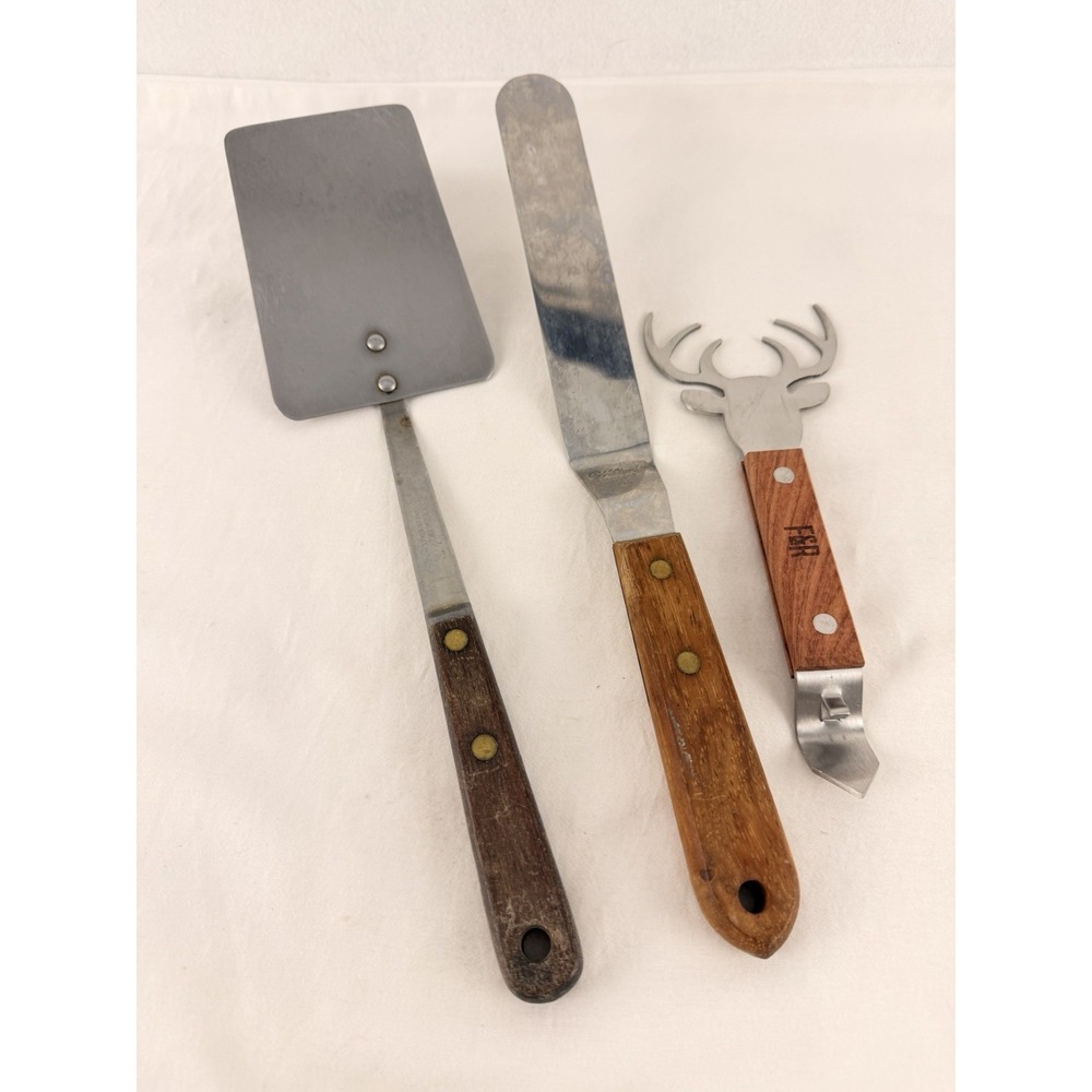 Vintage Kitchen Tool Lot Wilton Spatula Deer Bottle Opener Wood Handles